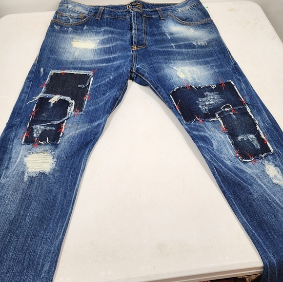 Yes London Jeans Italy Factory Distressed Patch Detail Straight Leg 38 x 29 - Picture 3 of 6
